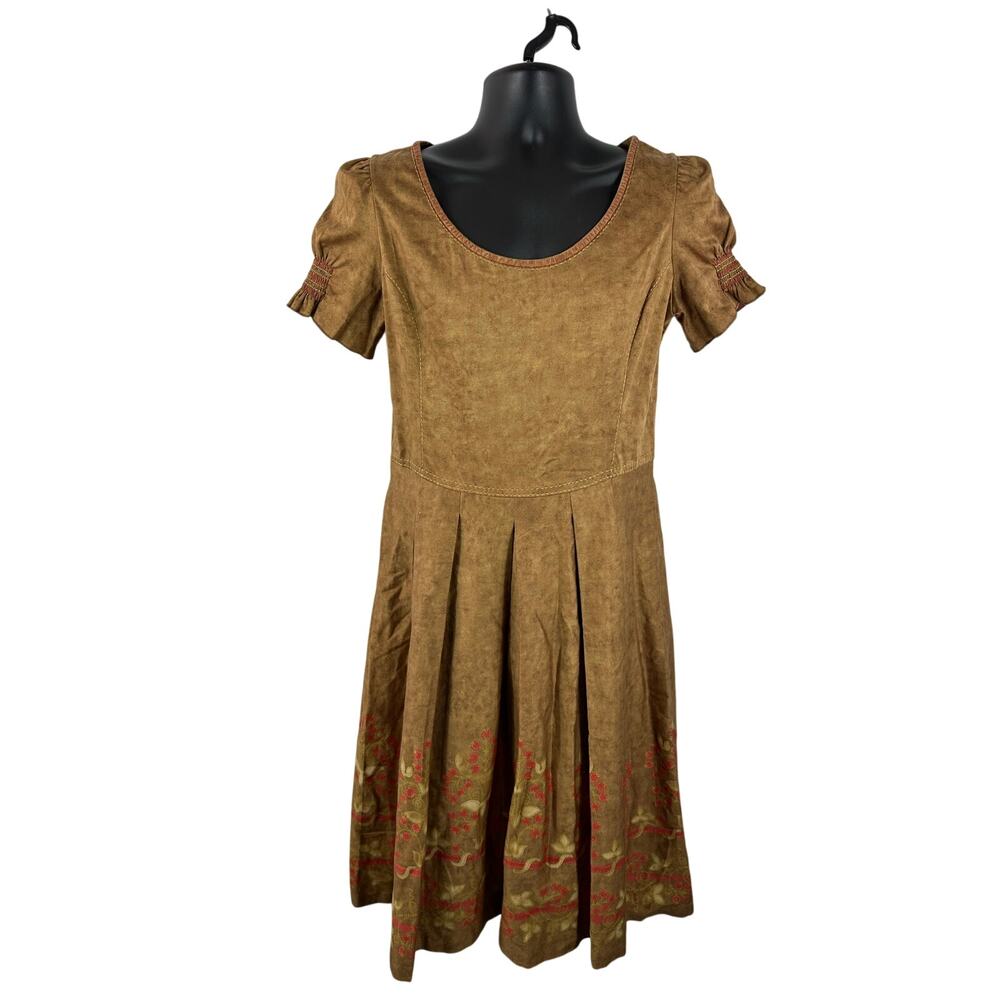 Peruvian Connection Fit & Flare MIDI Dress Cap Sleeve Brown Floral Size 12 Boho